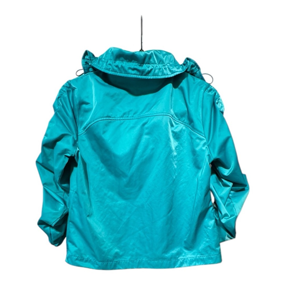 Chico’s Aqua Blue Teal Ruched Sleeve Satin Femme Moto Jacket Size 0 Bomber Biker - Picture 2 of 10